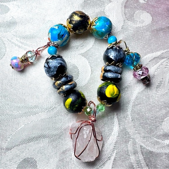 Handmade Charm Bracelet with Hand-Painted Beads & Wire-Wrapped Accents 6-7 3130 - Picture 1 of 8
